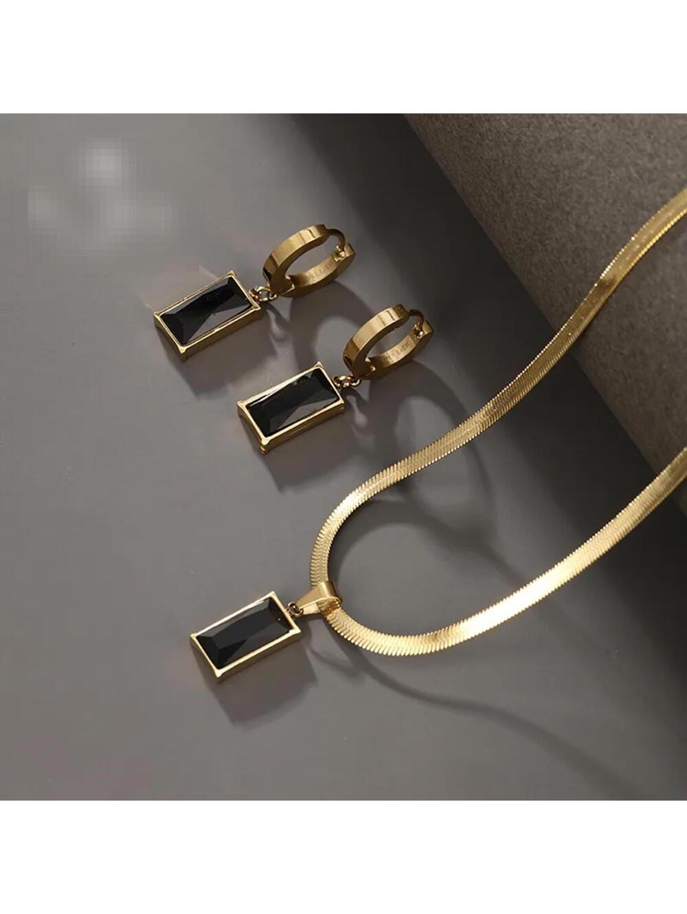 Black rectangle - Necklace/Earring set - Gold - CZs - 18"